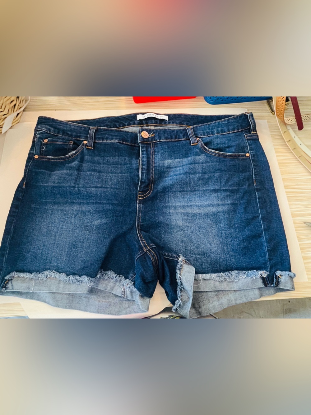 Celebrity Pink Dark Blue Denim Jean Shorts with Frayed Hem